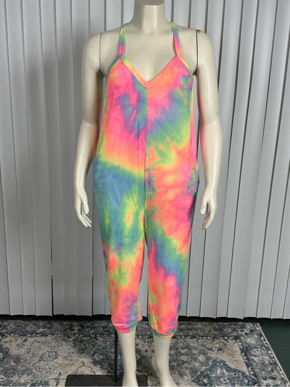 BiBi Tie Dye French Terry Jumpsuit Boho Lounge Festival Pockets Sizes S PTP 19.5 - Picture 2 of 11